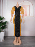 heavy industry hotfix rhinestone color block patchwork dress - african plus size women's elegant commute dress