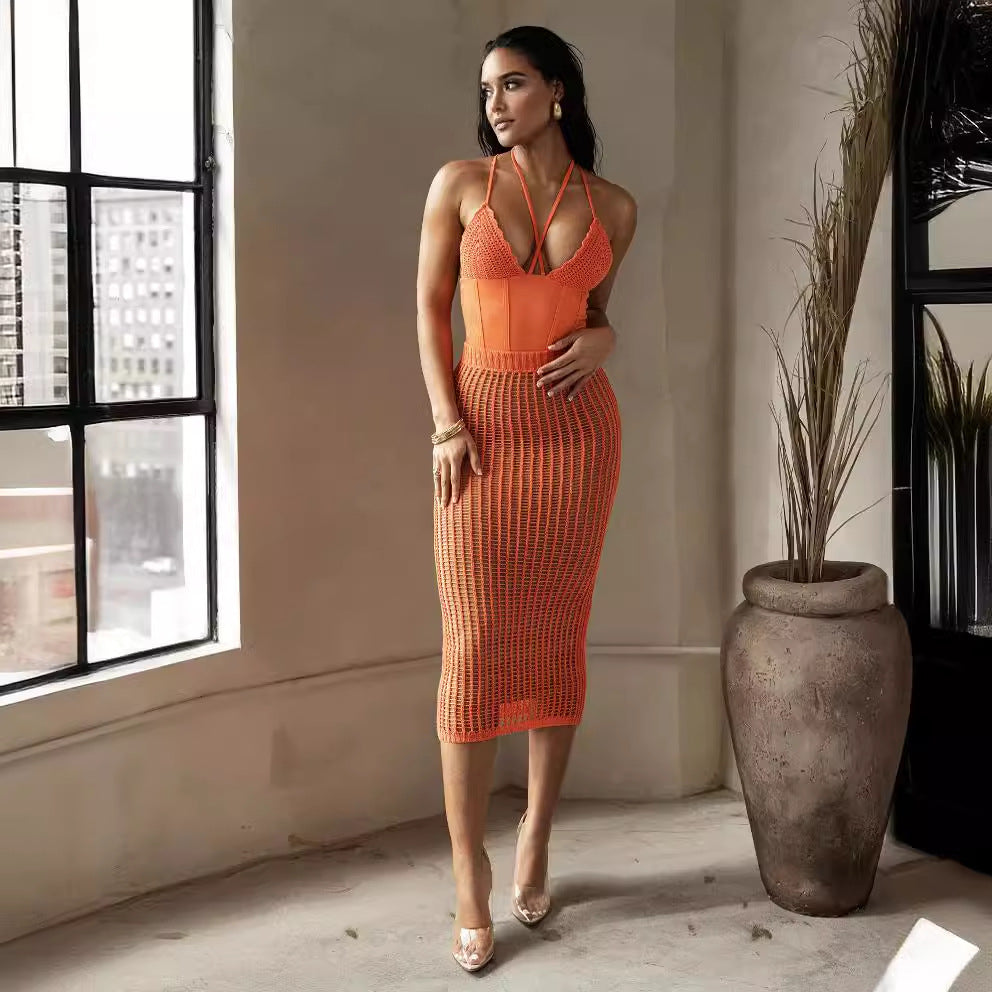 summer new arrivals: european and american style women's fashion - sexy spaghetti strap backless bodysuit top with hollow-out knit skirt set