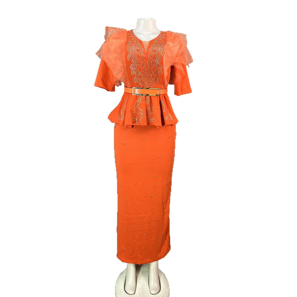 supply african women's silmv neck organza lotus leaf hot diamond beaded elegance long dress small dress