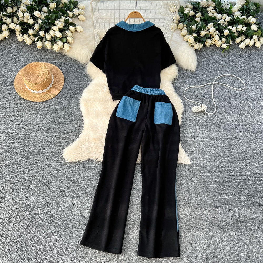 Women's casual activewear set - summer hong kong chic, retro-style embroidered short-sleeve top with high-waisted wide-leg pants