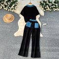 Women's casual activewear set - summer hong kong chic, retro-style embroidered short-sleeve top with high-waisted wide-leg pants