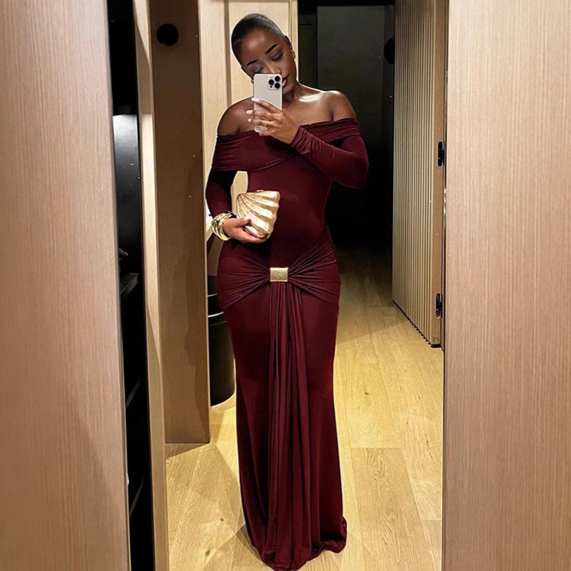 fall/winter new european and american style women's fashionable elegant one-shoulder solid color long sleeve bodycon mini dress
