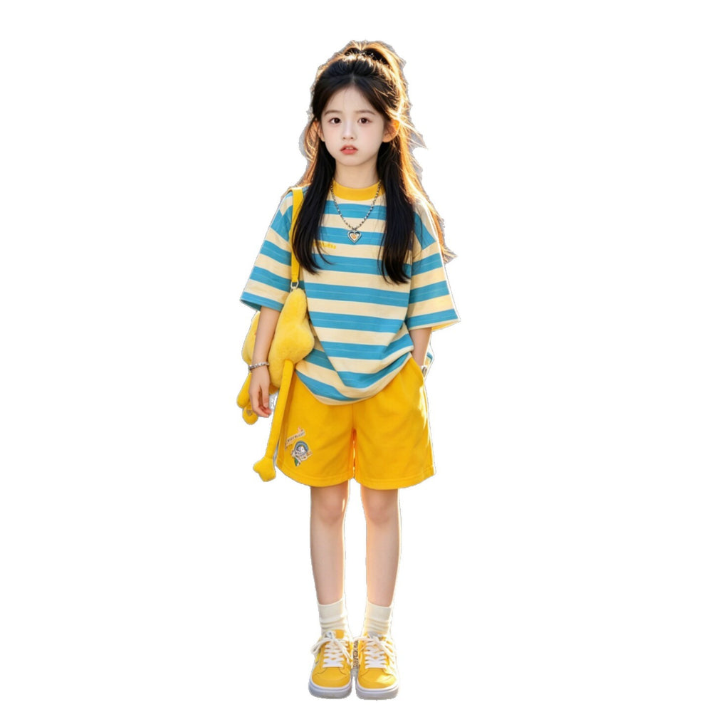 girls' dopamine dress set: trendy summer two-piece outfit - short sleeve top & shorts