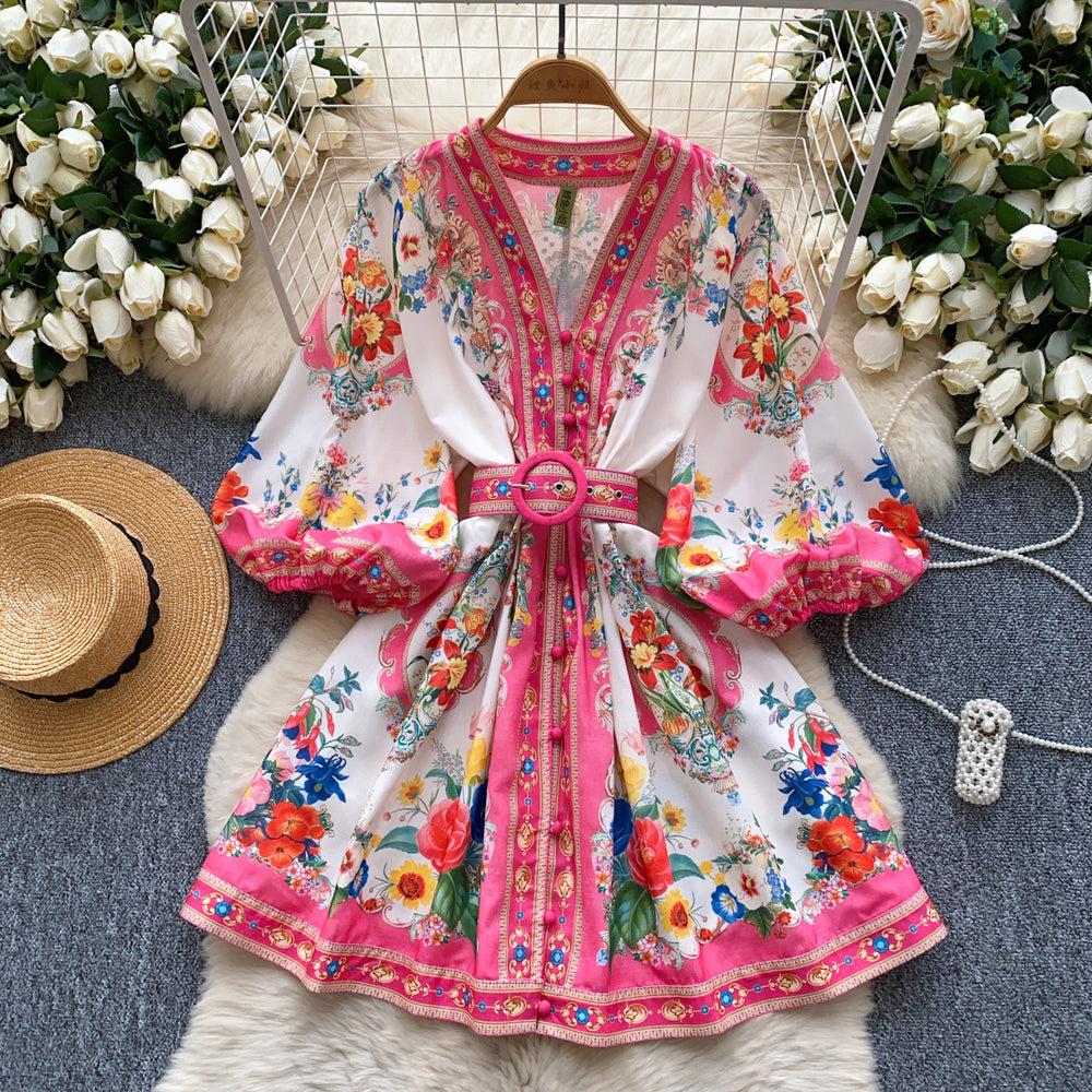 spring new arrivals: european and american style location print, slimming a-line v-neck single-breasted lantern sleeve mini dress