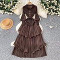 K-style lantern sleeve dress women's waist strap rufflespleated cake skirt slimming look long skirt