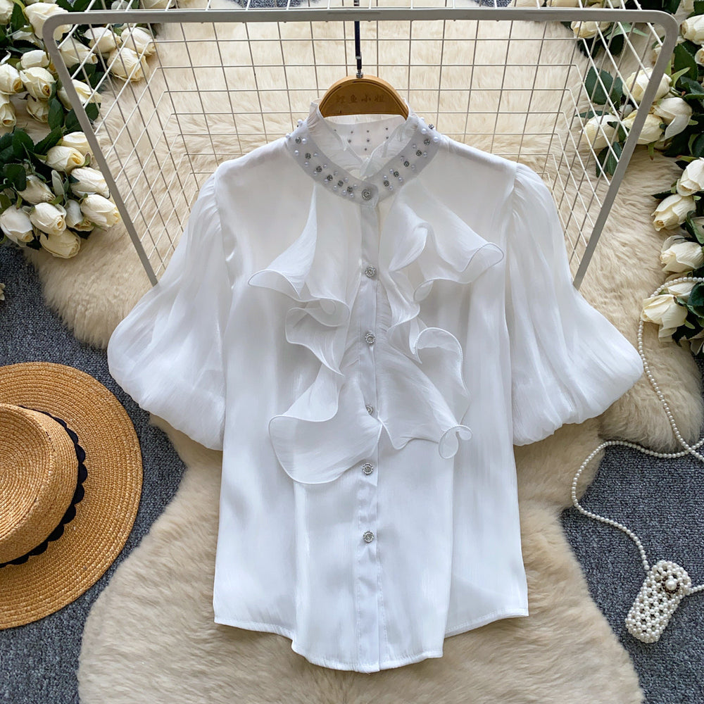 French-style diamond-embellished ruffle trim short-sleeve blouse - women's summer loose fit versatile designer top with a touch of luxury