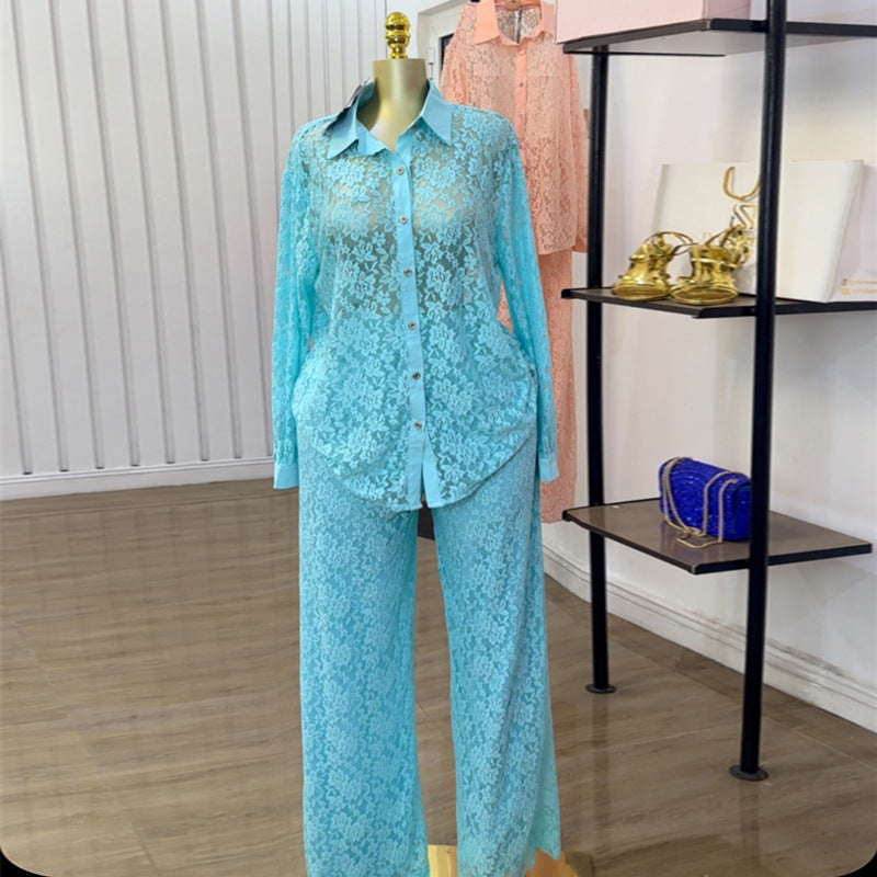 European and american cross-border women's fashion  autumn new arrival casual lace loose see-through long sleeve shirt wide leg pants set