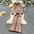 Xiaoxiangfengfashionablesuitfemaleautumclassy sense loosecontrast colorv necklong sleevesknitting shirt single breasted skirt