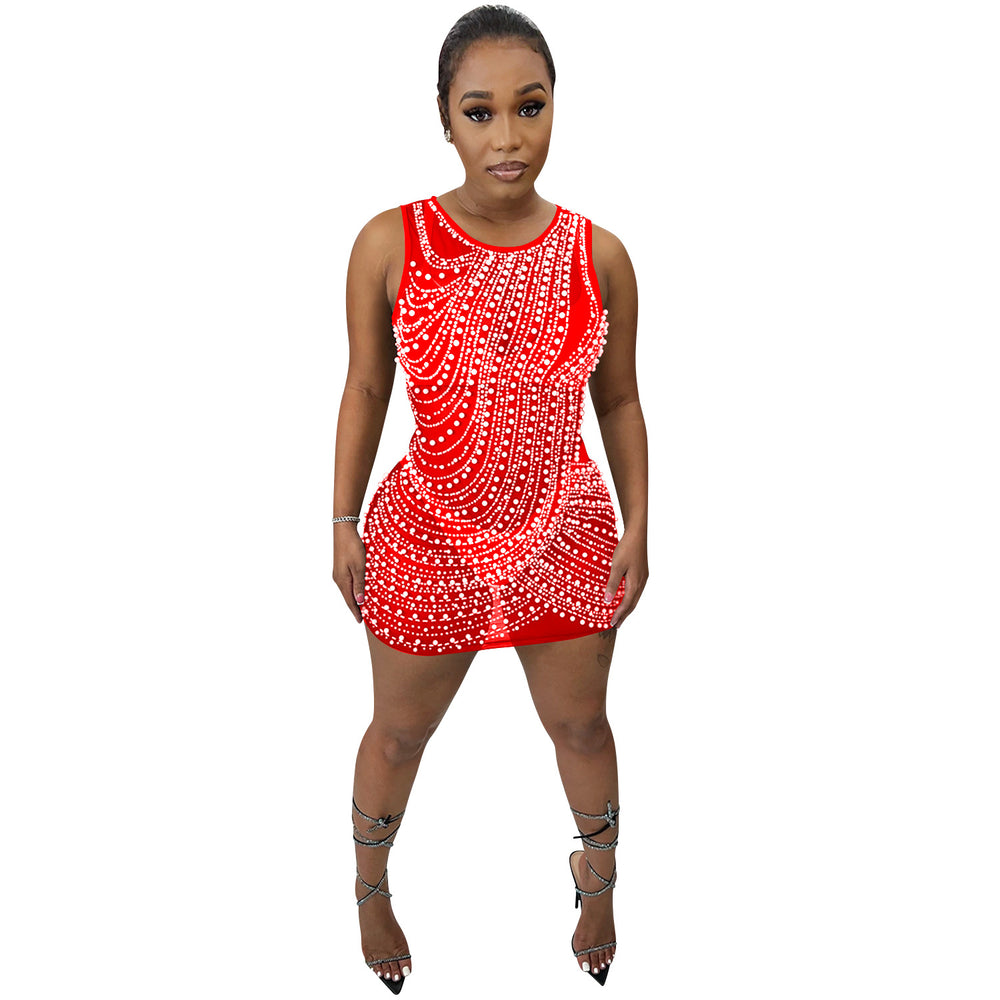 X5651   fashion sexy nightclub rhinestone mesh see-through round neck cami mini dress