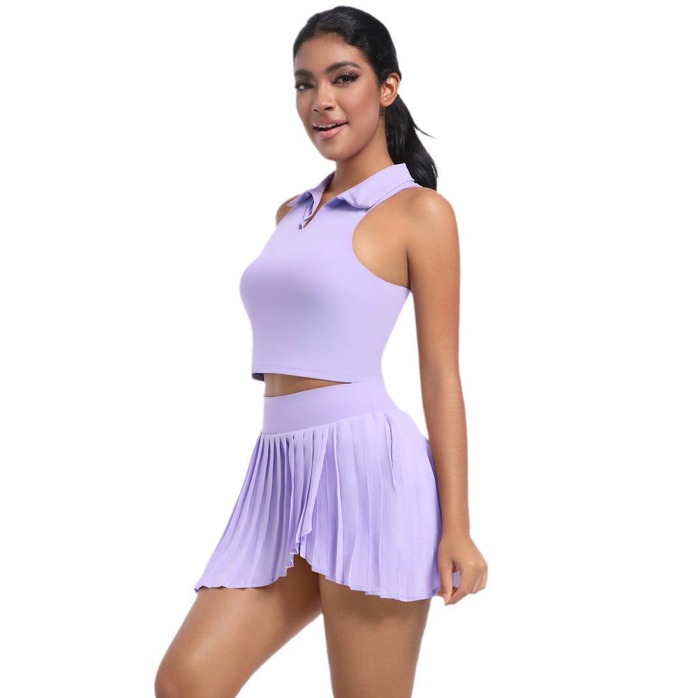 New arrival cross-border pure color lapel vest breathable fake two-piece pleated skirt suit sports running fitness yoga clothes