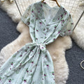 French floral v-neck ruched dress - women's summer short sleeve slim fit elegant vacation maxi dress