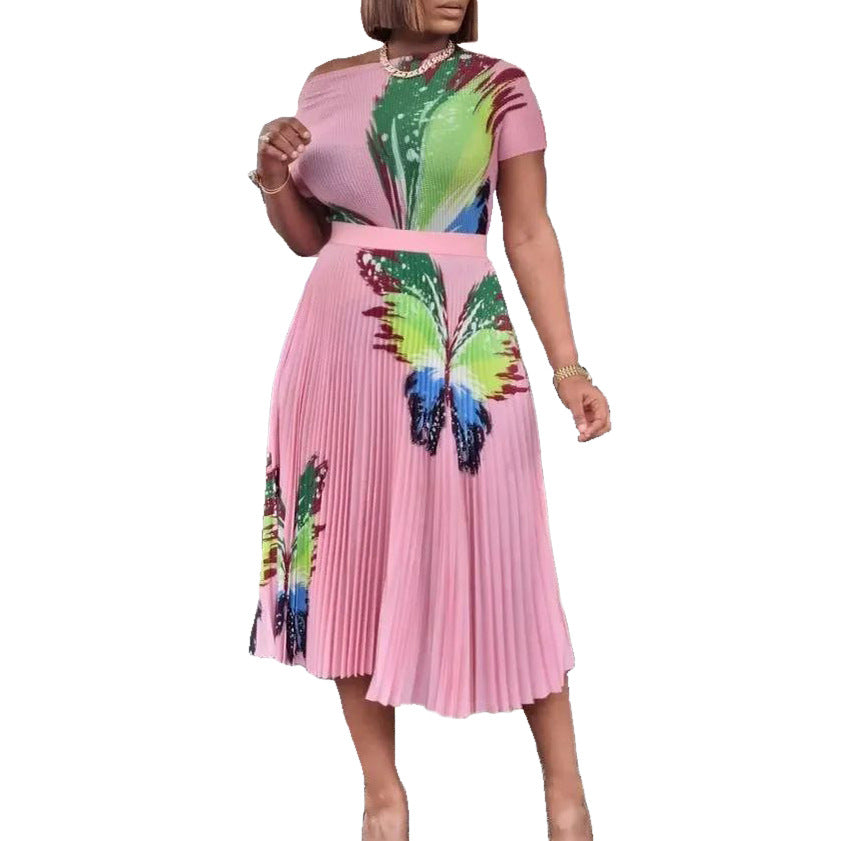 D298exportplus size women's summer fashionelegantprinting short-sleeved tops pleated large hem skirt africansuit