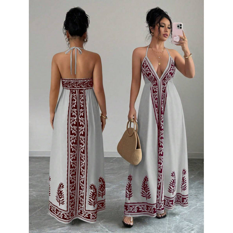 Amazon bohemian chic beach vacation print v-neck backless maxi slip dress