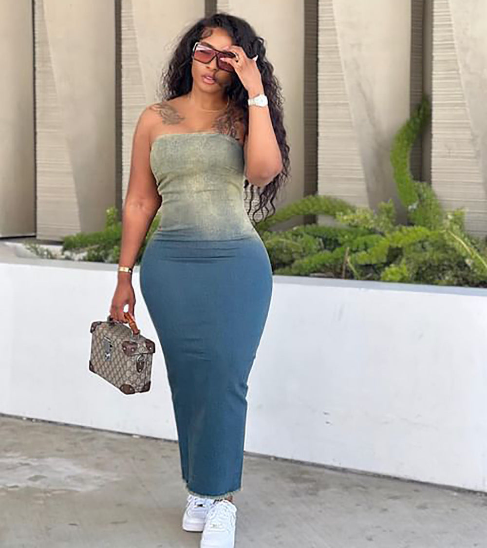 European and american cross-border women's fashion  new sexy hot girl gradient bandeau slit bodycon stretch denim skirt