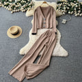 Premium heavy-duty metal buckle v-neck long sleeve knit top for women,  autumn/winter high-waisted slimming casual wide-leg pants