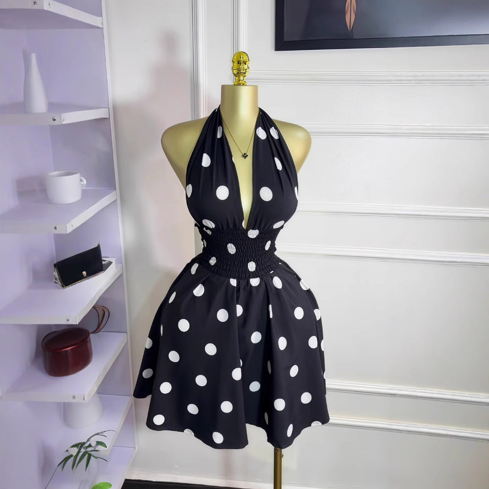 European and american cross-border women's fashion  summer new arrival polka dot sleeveless v-neck tie-back cutout waist short dress