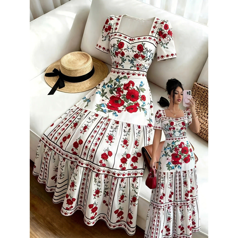 Women's summer new french chic romantic floral print square neck short sleeve cinched waist a-line maxi dress