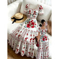 Women's summer new french chic romantic floral print square neck short sleeve cinched waist a-line maxi dress