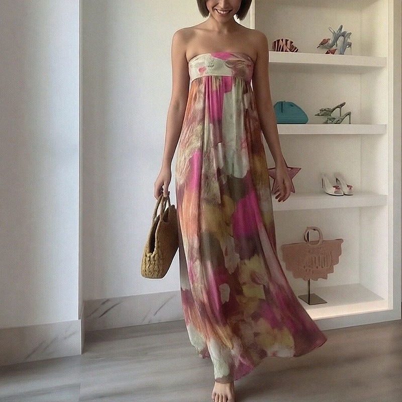 women's summer dress - european and american export fashion, trendy vacation style printed bandeau backless dress