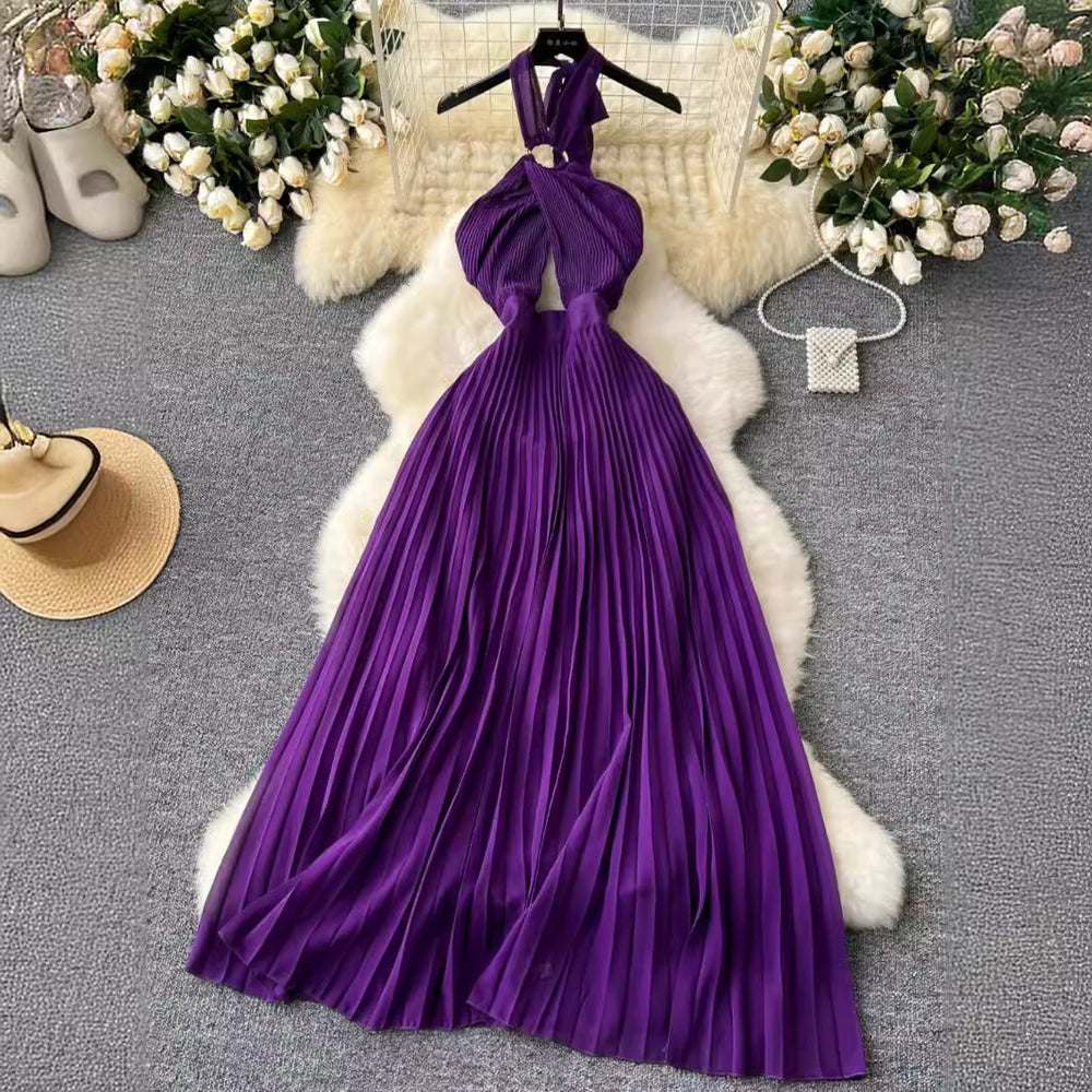 Atmosphere halterdress feminine cut out cross halter strap waist drape backless pleated long skirt