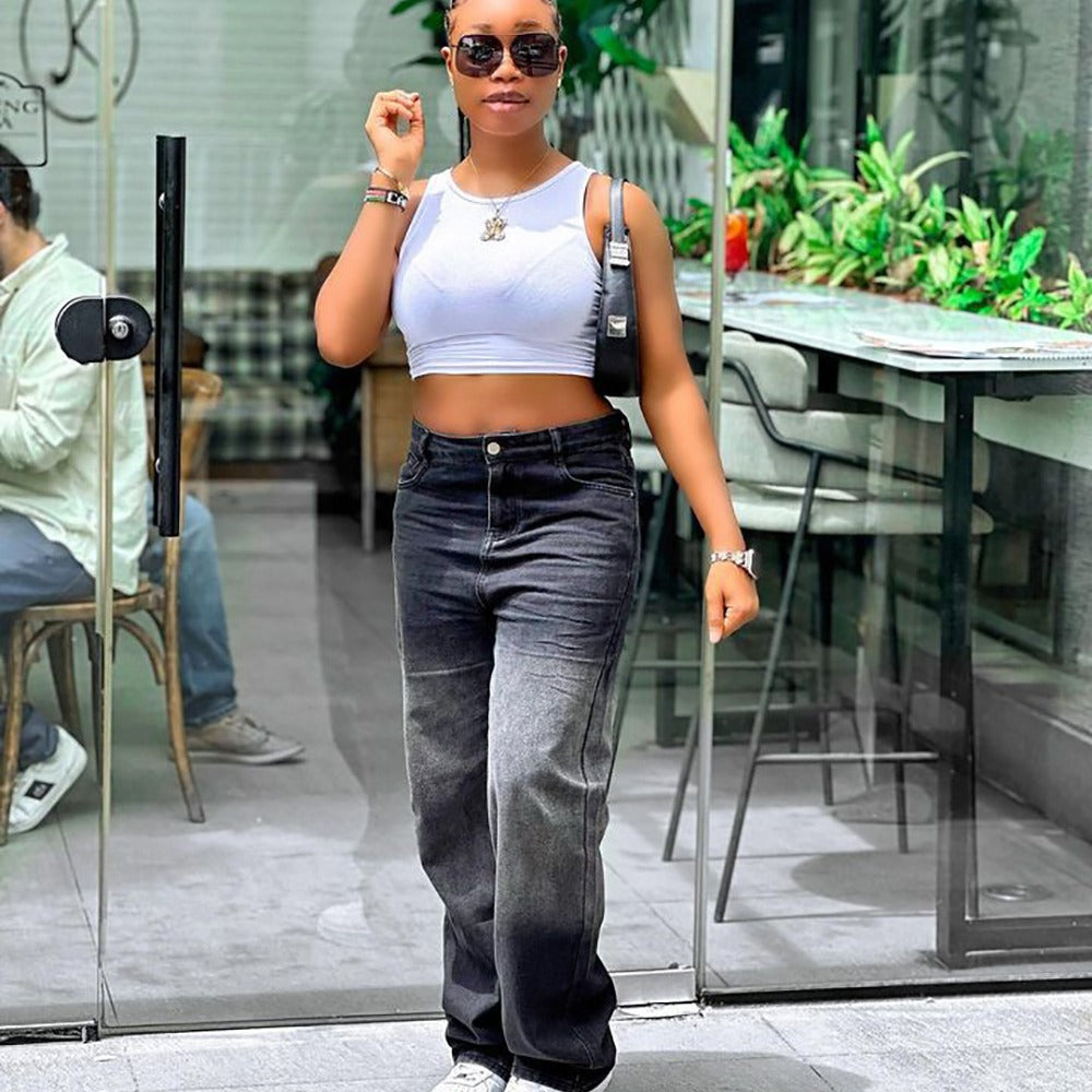 European and american cross-border women's jeans:  new arrival, street style hot girl washed gradient straight leg casual jeans
