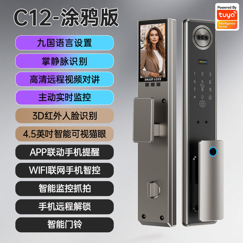 foreign trade graffiti fingerprint lock cnc carved anti-theft door password lock face recognition smart door lock electronic lock