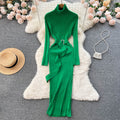 European and american style mock neck knit dress - autumn women's french retro slim fit bodycon maxi dress