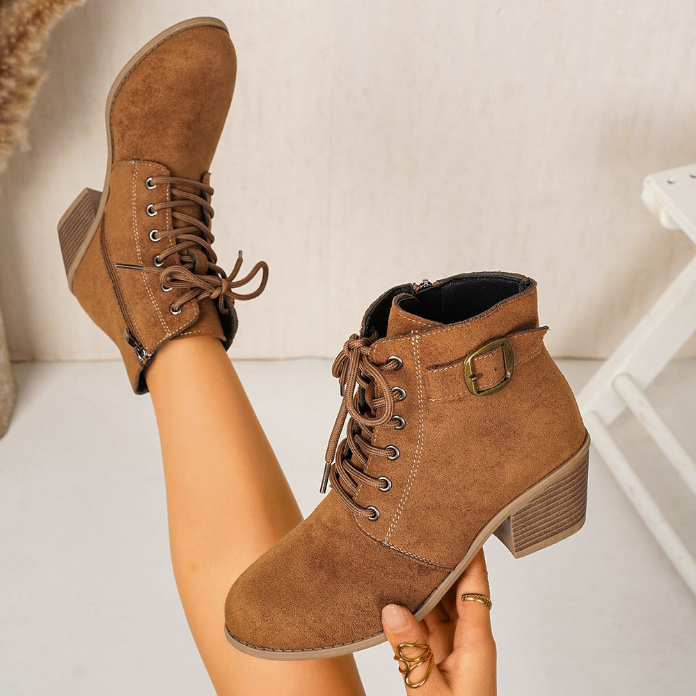 new arrival thick heel short boots women's nubuck leather boots side zipper belt buckle exportplus size women's boots wholesale