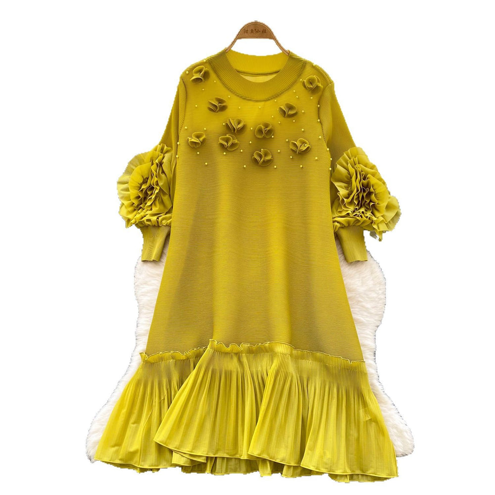 Miya pleated socialite style high-end dress - women's spring pleated 3d floral loose design elegant maxi dress