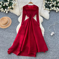 Miya european and american dress women's  autumn fashion beaded round neck long sleeve waist slimmingelegant pleated long skirt