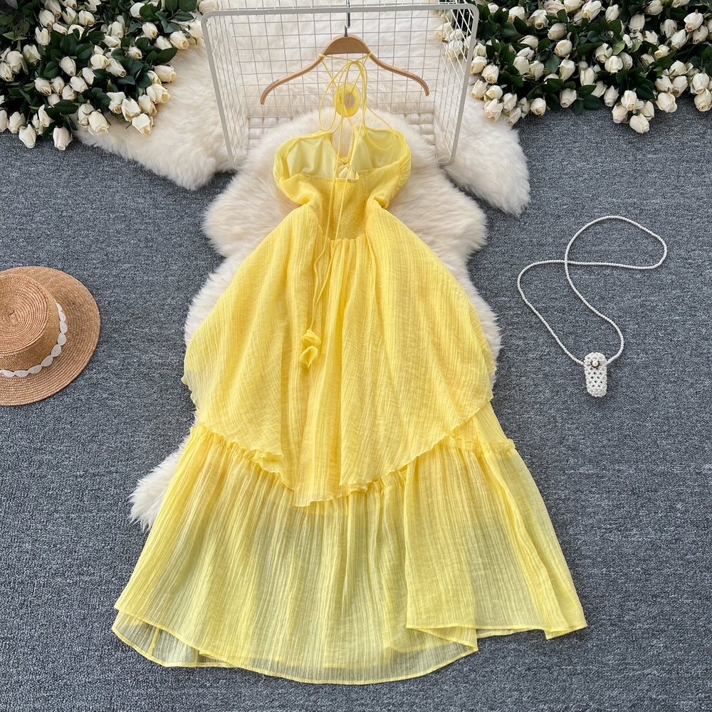 Beach vacation dress for women, atmospheric cut out, breast-revealing halter suspender, stereo flower, asymmetrical fairy long skirt