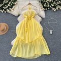 Beach vacation dress for women, atmospheric cut out, breast-revealing halter suspender, stereo flower, asymmetrical fairy long skirt