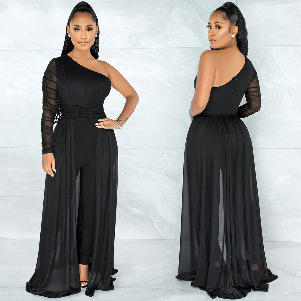 X5675 cross-border   pure colorsexy mesh see-through one-shoulder slanted collar long-sleeved pants jumpsuit for women