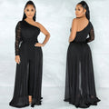 X5675 cross-border   pure colorsexy mesh see-through one-shoulder slanted collar long-sleeved pants jumpsuit for women