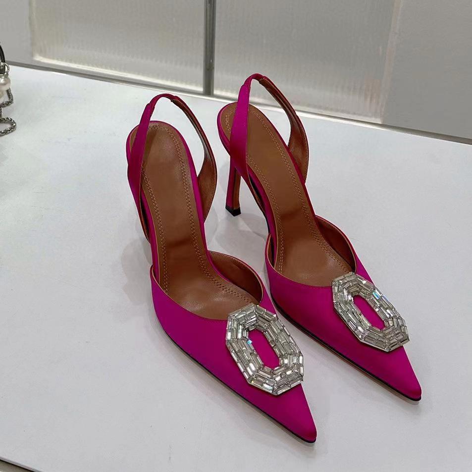 2026 early spring new pointed-toe rhinestone square buckle sexy high heel sandals, silk satin cutout back strap women's sandals