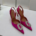2026 early spring new pointed-toe rhinestone square buckle sexy high heel sandals, silk satin cutout back strap women's sandals