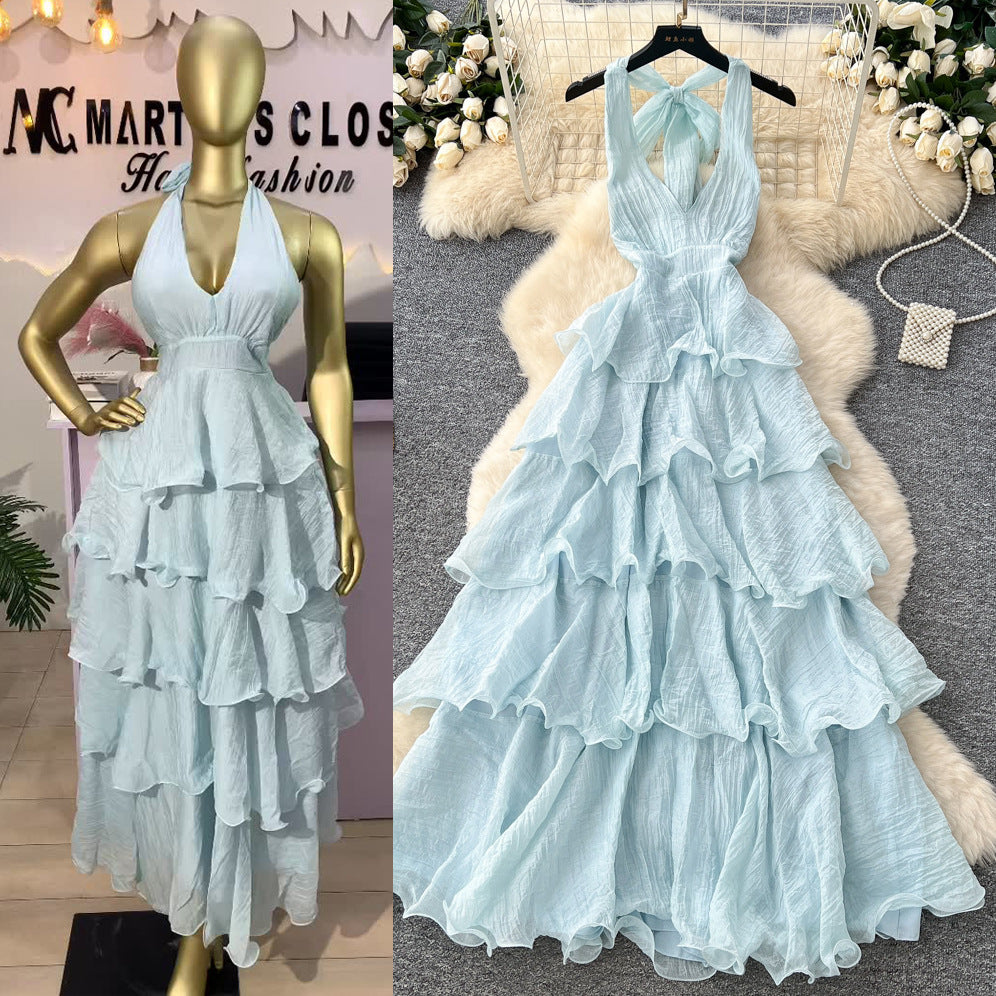 Frenchelegant atmosphere deep v neckhalter strap backlessdress women's waist slimming lookruffles suspender skirt