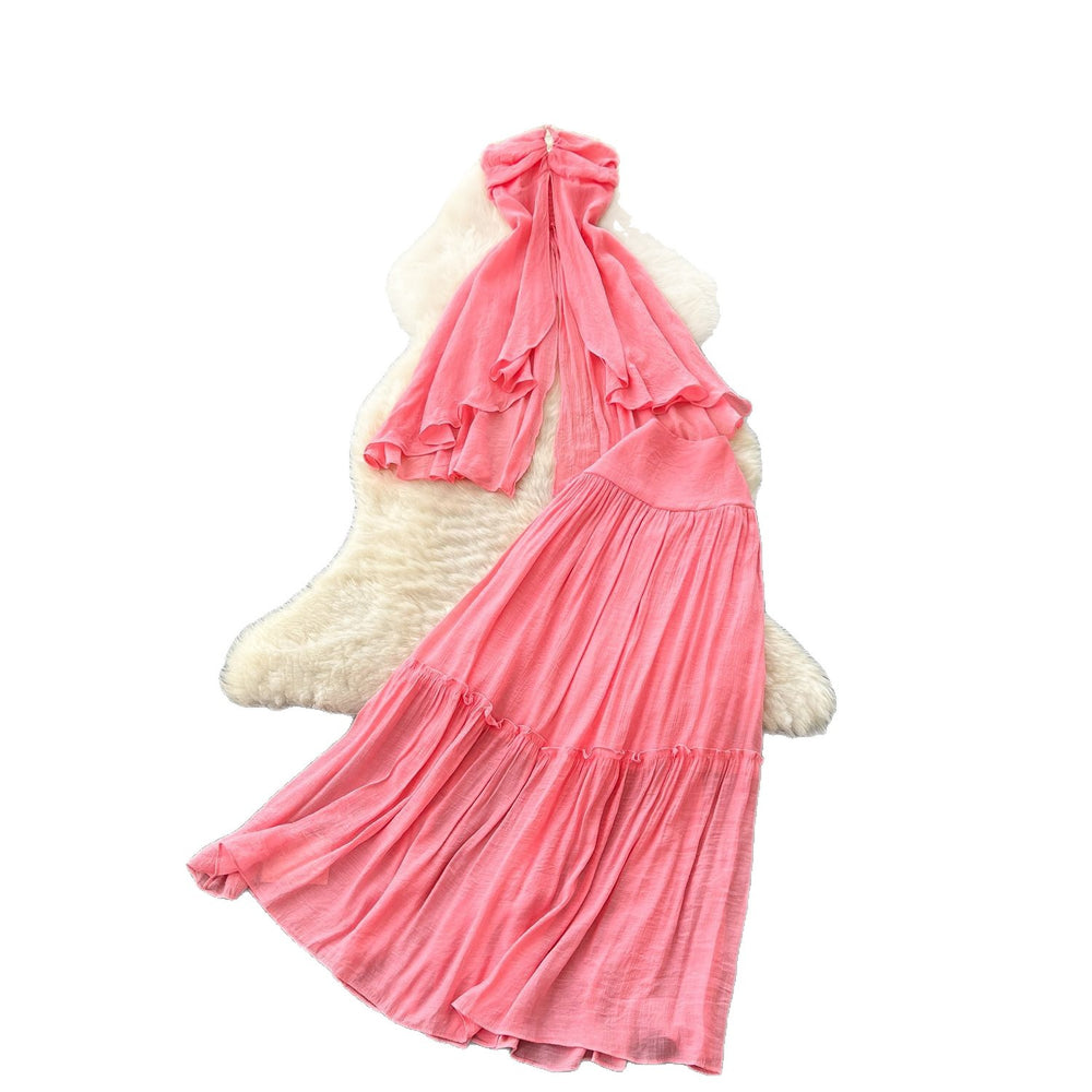 Pure desire hot girl vacation outfit women's summer sense of design asymmetrical halter suspender slit topshigh waist skirt