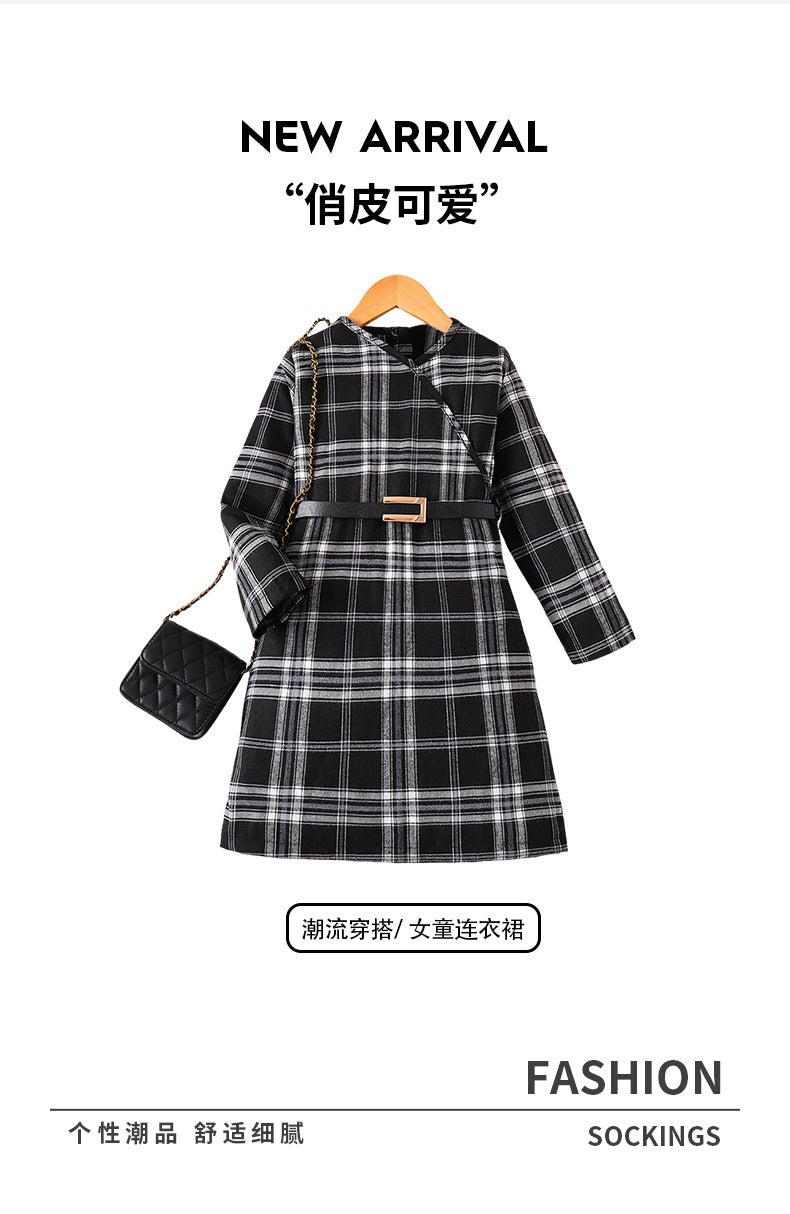 girls' dress - black and white brushed plaid, asymmetrical neckline, long sleeves, belted, autumn retro children's maxi dress