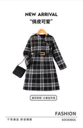 girls' dress - black and white brushed plaid, asymmetrical neckline, long sleeves, belted, autumn retro children's maxi dress