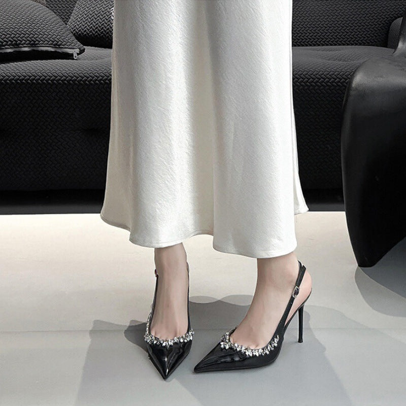 Wo chain rhinestone high heels women's stiletto pointed toe elegantfrenchflats one-piece patent leather toe sandals banquet