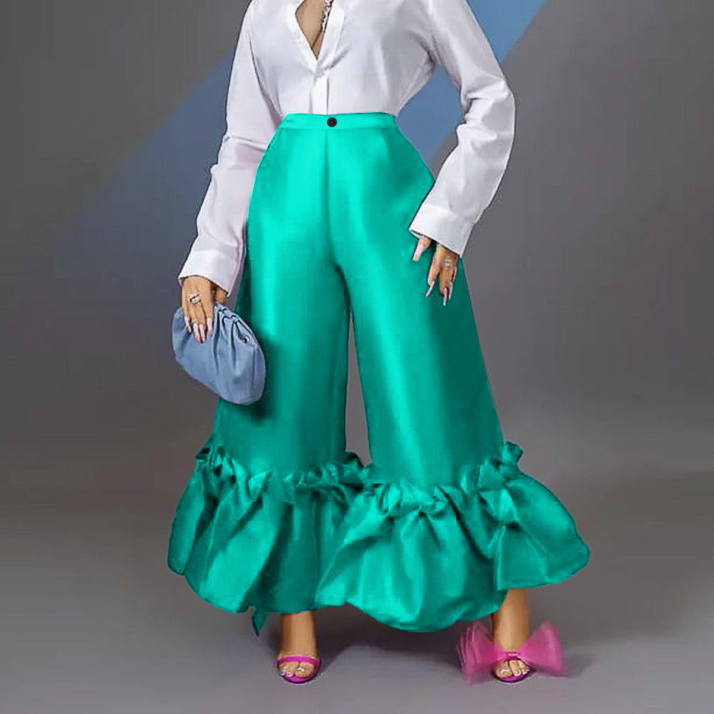 Am220521high waist loose design ruffles wide leg flare pants high waist flare pants