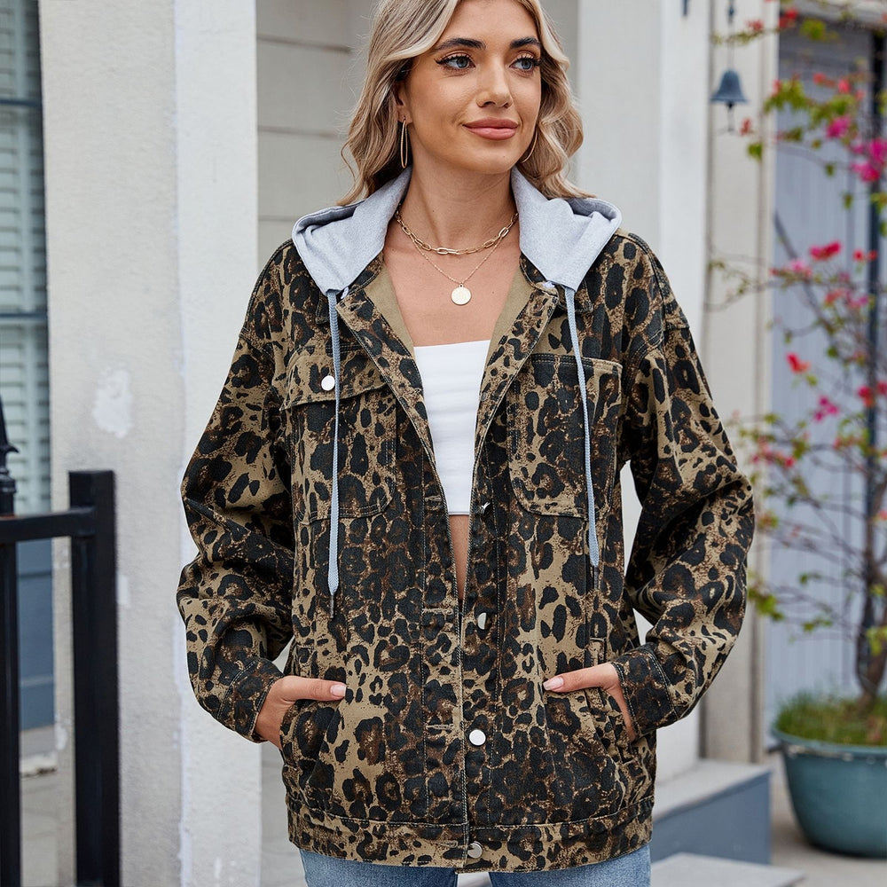 European and american cross-border e-commerce women's fashion: new washed leopard print denim jacket/outerwear for  and independent websites