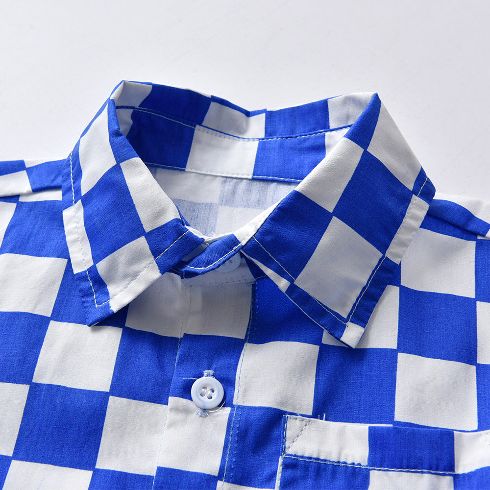 Korean style children's clothing wholesale: spring/summer kids' apparel - boys' checkered shirt & t-shirt short sleeve shorts set