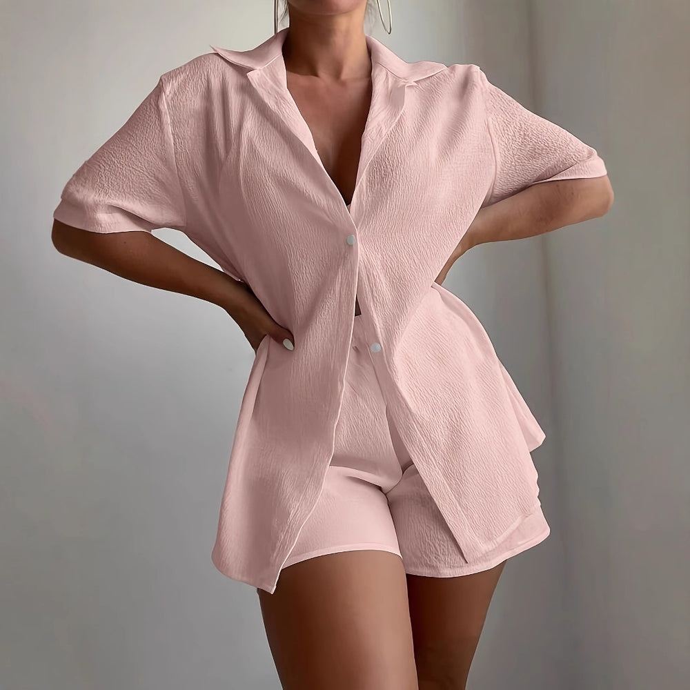 Summer tk european and american cross-border solid color shirt and shorts set - loose fit casual two-piece wholesale