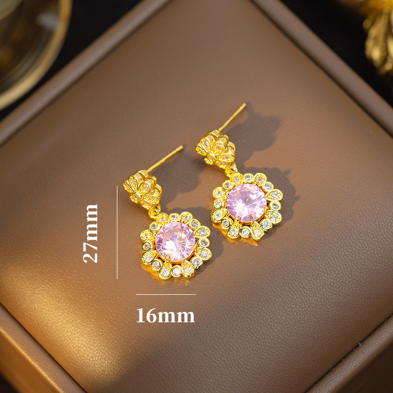 [titanium steel] necklace women's zircon flower pendant earrings ring light luxury classy niche design earrings jewelry