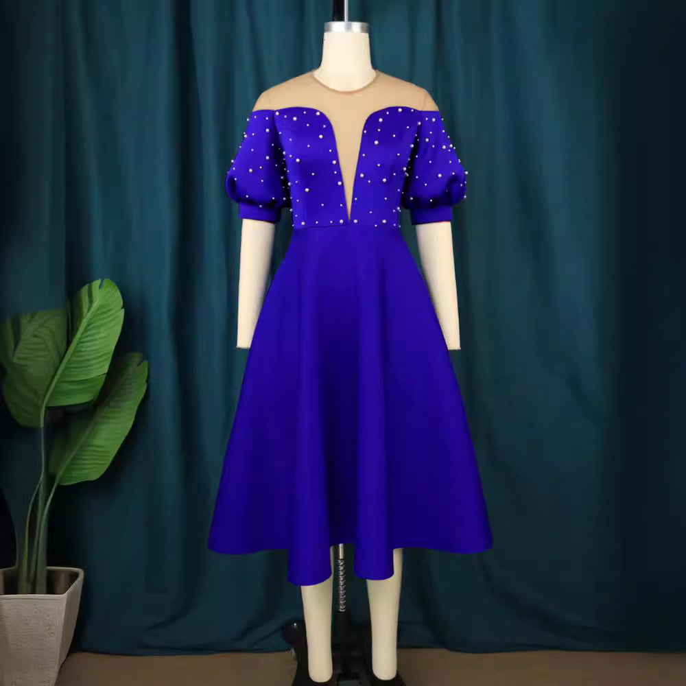 Am220954sexy mesh see-through dress designer lantern sleeve beaded a-line skirt dresses