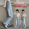 Girls' spring new casual versatile jeans  jacquard wide-leg jeans - stylish and trendy for girls