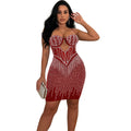 C6753 cross-border   fashion women's solid color mesh rhinestone camisole mini dress