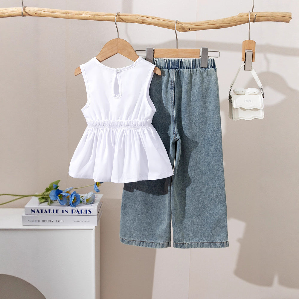 High-quality sleeveless, cinched-waist designer children's clothing set for cross-border e-commerce: includes a denim elastic-waist pants set